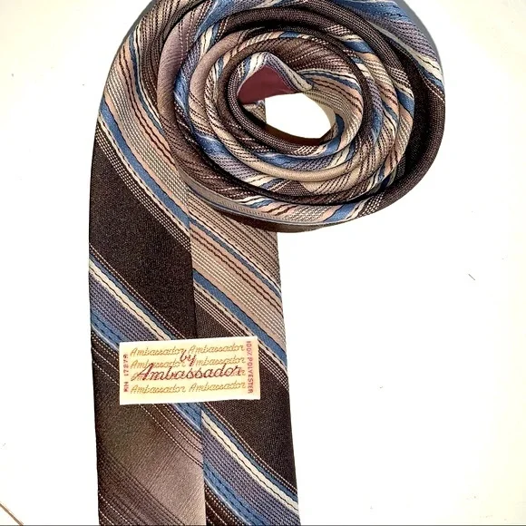 Vintage 70s AMBASSADOR Retro Brown and Blue Striped Polyester Tie - Picture 2 of 4